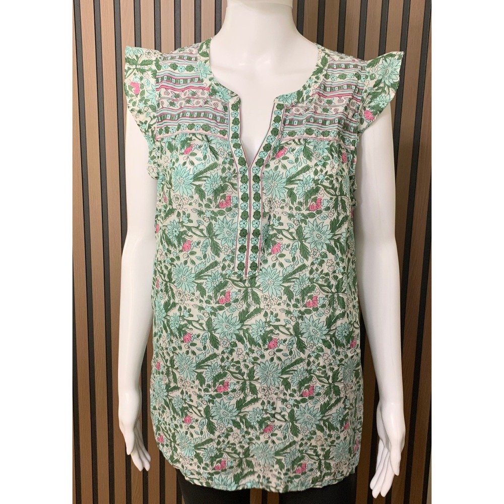 Talbots Green Pink Floral Cotton Flutter Sleeve Split Neck Blouse Top Large